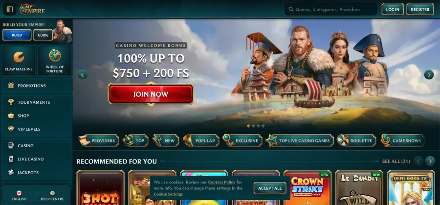 My Empire casino homepage and lobby overview on desktop and mobile