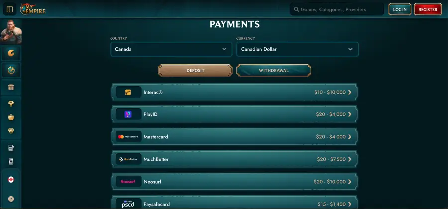 My Empire casino online banking and payment methods list