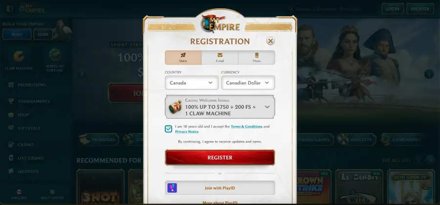My Empire casino login interface for desktop and mobile