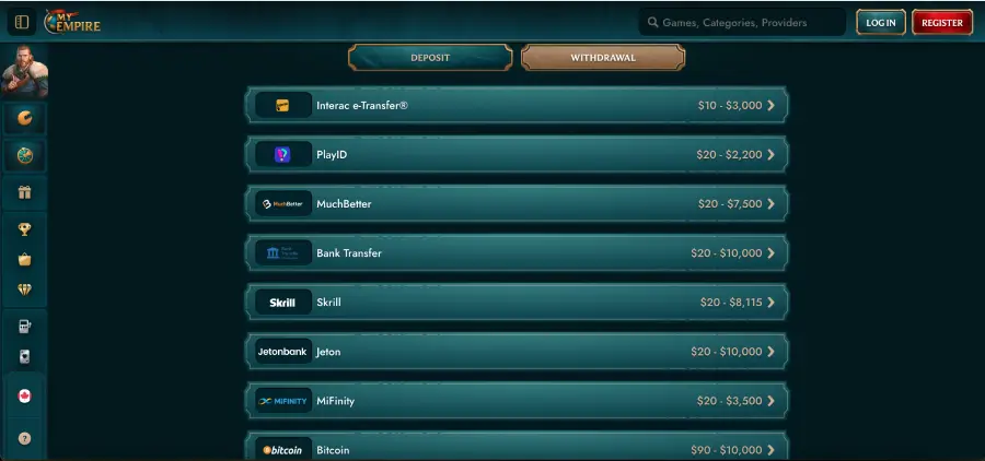 My Empire casino withdrawal methods and processing times